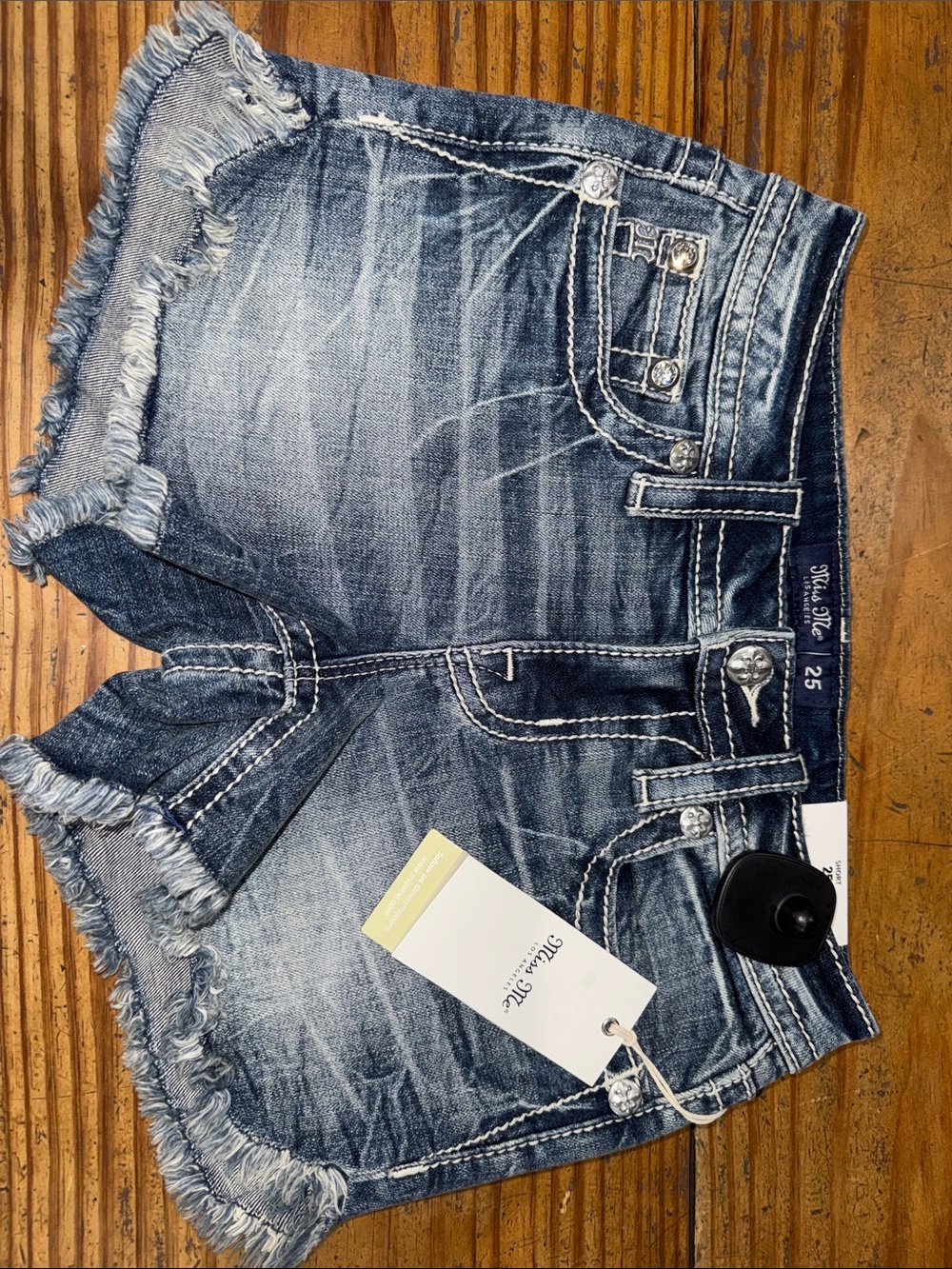 Miss Me Distressed Fringe Hem Denim Shorts - Blue